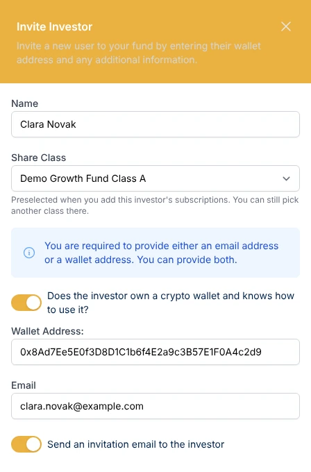The Invite Investor panel at step 1 of Add Investor, with the name, share class, wallet address and email filled in, and the option to send an invitation email