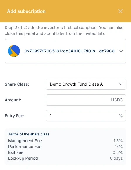 The Add subscription panel at step 2 of Add Investor: the investor is selected, with fields for the share class, the amount in USDC and the entry fee, and the terms of the chosen class below