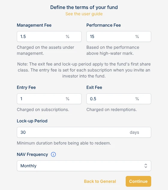Step 2 of fund setup, Terms: management, performance, entry and exit fees, lock-up period and NAV frequency