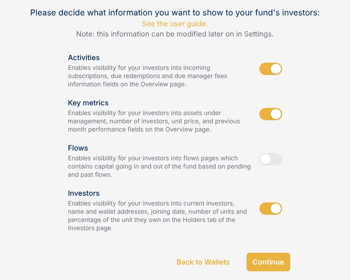 Step 4 of fund setup, Visibility: switches for Activities, Key metrics, Flows and Investors