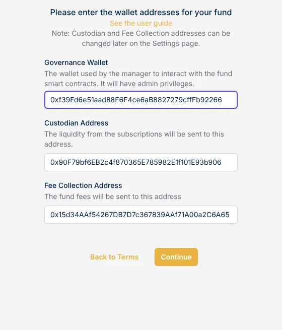 Step 3 of fund setup, Wallets: governance wallet, custodian address and fee collection address