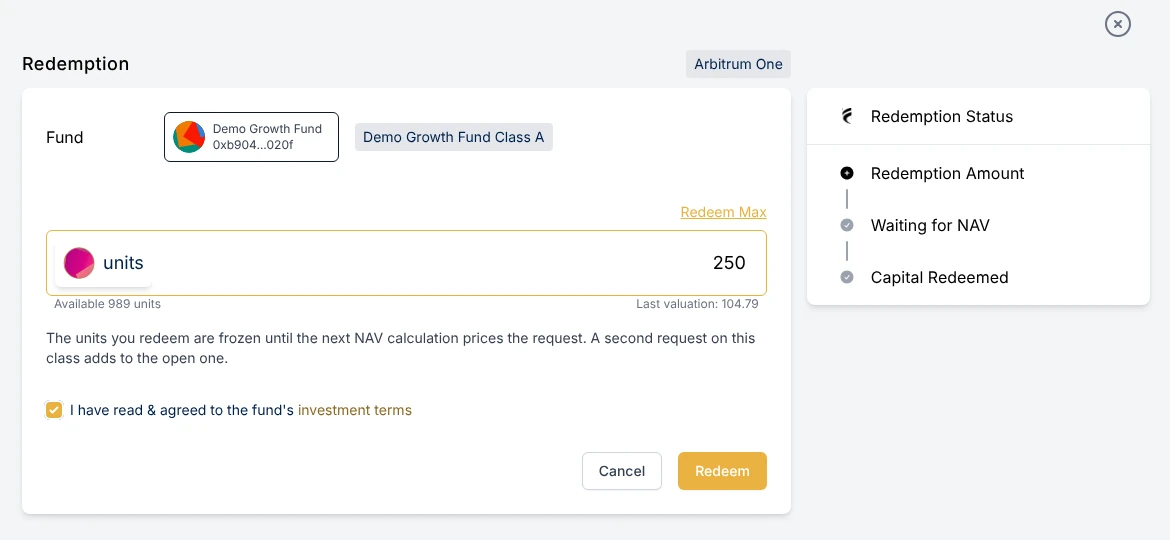 The investor's Redemption page: 250 units entered out of 989 available, the last valuation, the box to accept the fund's terms and the Redeem button