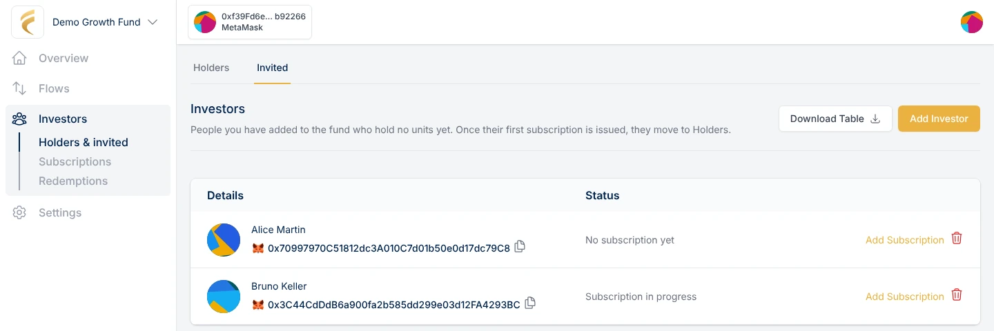 The Investors page on its Invited tab, with the Add Investor button at the top right and two invited investors, one without a subscription yet and one whose subscription is in progress