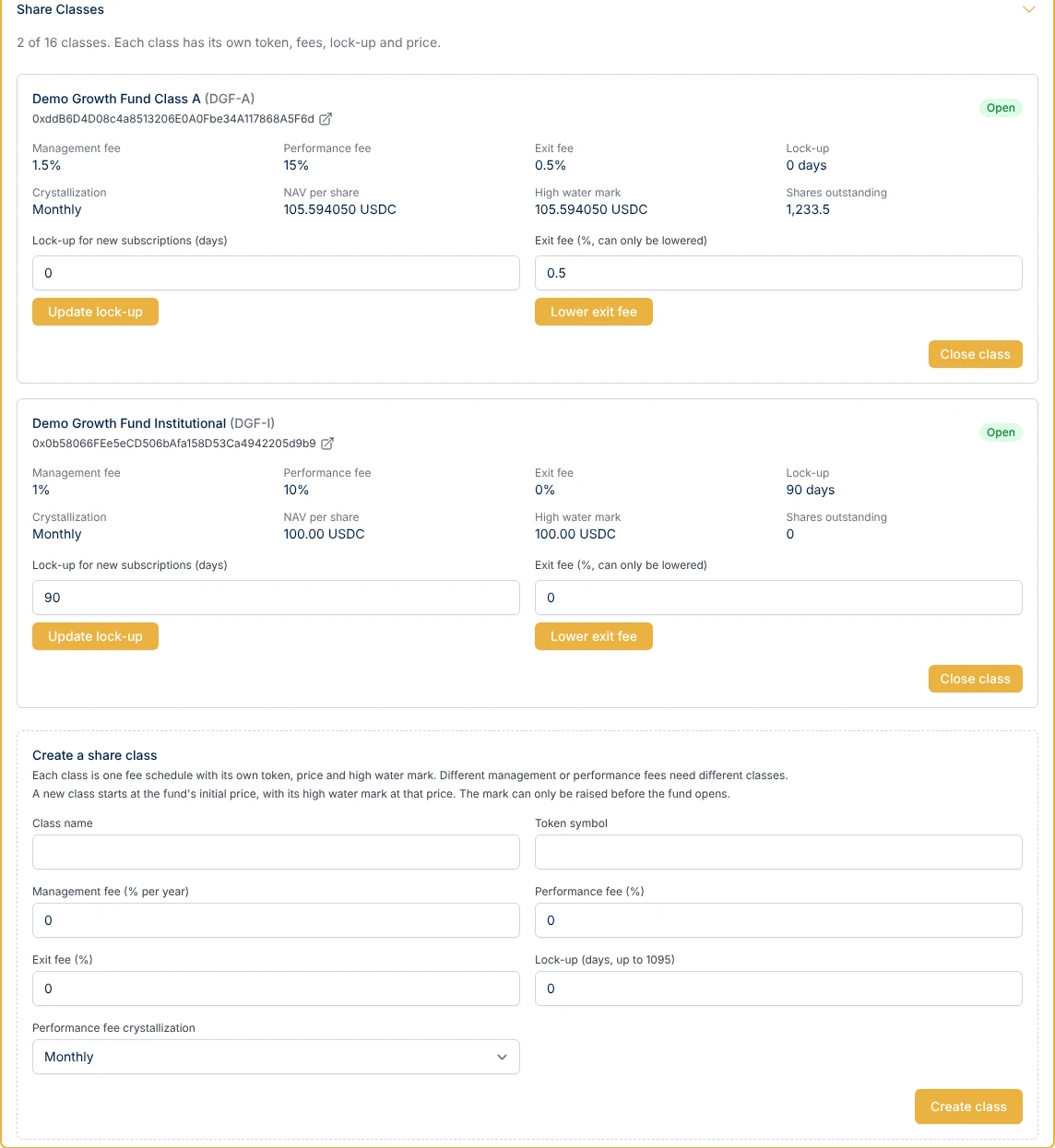 The Share Classes card in Settings with two open classes, each showing its token address, fees, lock-up, NAV per share and high-water mark, and the Create a share class form below