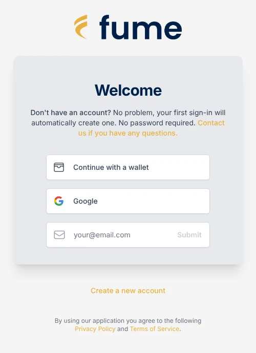 The Fume sign-in page with three ways in: Continue with a wallet, Google, and an email address